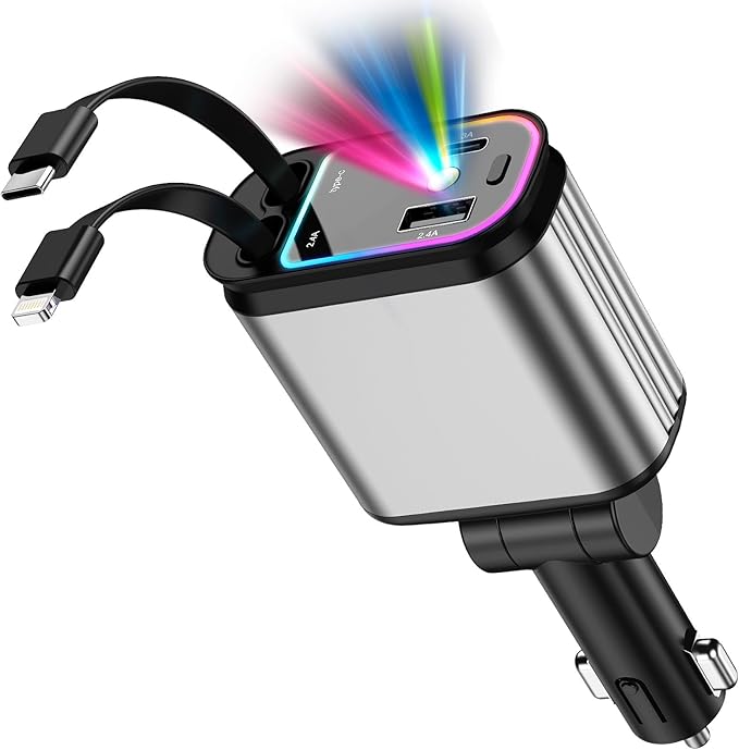 Fast Car Charger with Starlight, 4 in 1 Retractable Car Charger, 69W USB C Adapter, Cars Accessories with Starlight Roof, 2 USB Ports Phone Cars Chargers Compatible with iPhone 16 15 14 and Android