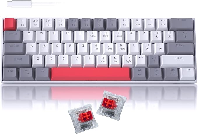 60% Mechanical Gaming Keyboard,Mixed Color Keycaps Gaming Keyboard with Red Switches, Detachable Type-C Cable Mini Keyboard with Blue LED Light for PC/Laptop