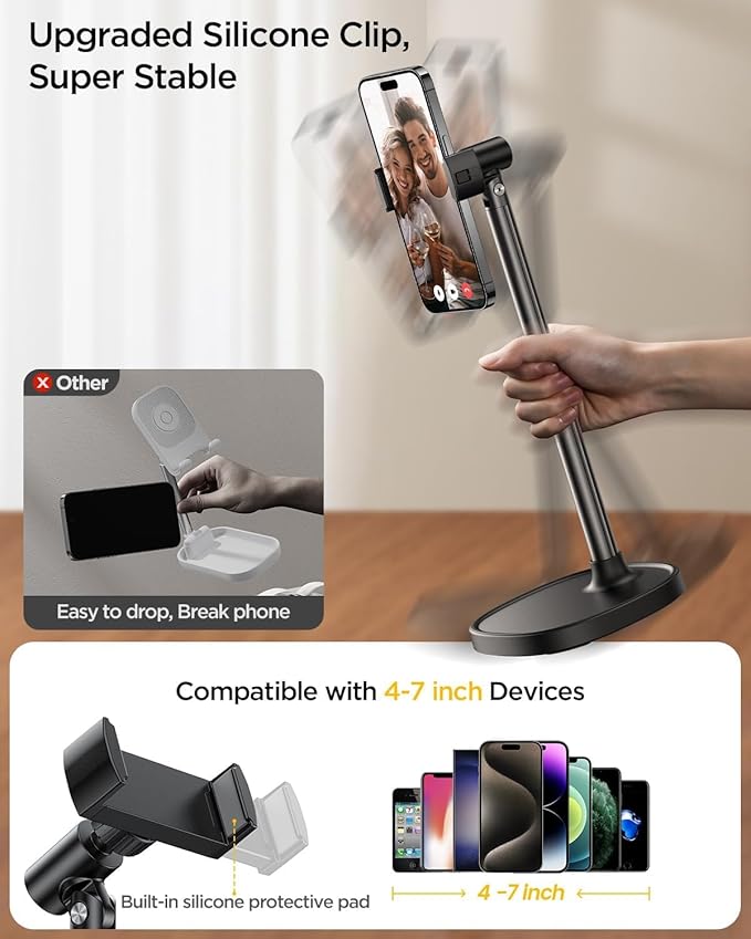 DIMONCOAT Phone Stand for Desk, Angle Height Adjustable Phone Holder for Desk, Aluminum Alloy Universal iPhone Holder, Retractable Cell Phone Stand Recording Office for iPhone 16 15 Pro Max Plus
