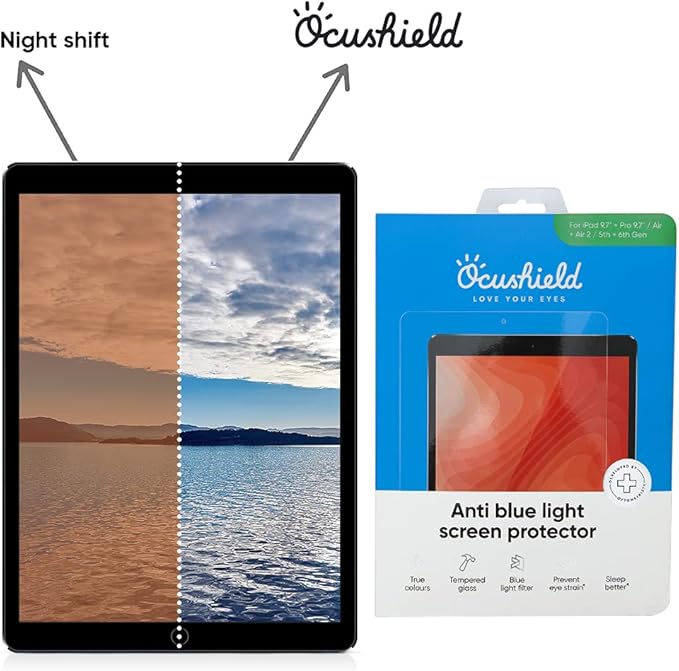 Ocushield Anti Blue Light Tempered Glass Screen Protector for iPad Air, iPad Pro 9.7' - Blue Light Filter