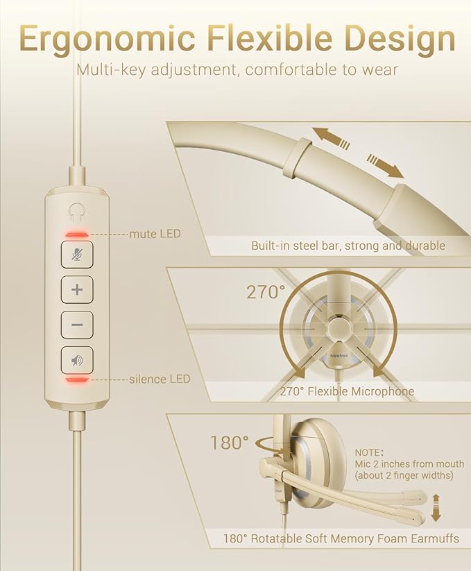 USB Headset with Microphone for PC Laptop - Headphones with Noise Cancelling Microphone for Computer,On-Ear Wired Office Call Center Headset for Boom Skype Webinars,Lightweight-Apricot