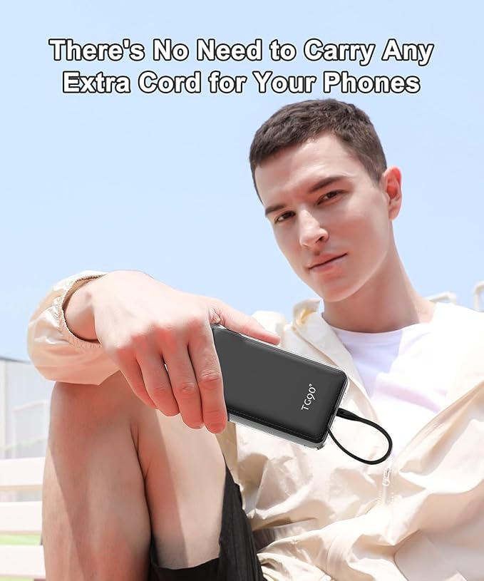 TG90° Portable Charger with Cords 10000mAh Power Bank with Built in Cables Battery Backup Cell Phone External Battery Pack Compatible with iPhone 16 15 14 13 12 Samsung S22 S21 Google iPad etc