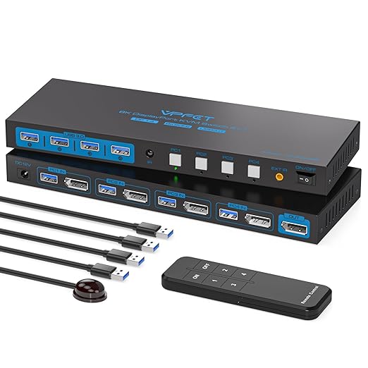 8K@60Hz DisplayPort KVM Switch 4 Computers 1 Monitor USB3.0 4K120Hz 4 Ports DP KVM Switches 4 in 1 Out for 4 Computers Share 1 Monitor and Keyboard Mouse etc. with 4 USB Cable and Controller