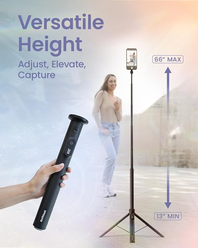 KraftGeek Magnetic Phone Tripod for iPhone MagSafe – 66'' Automatic Selfie Stick with Remote, Portable Tripod Stand for Video Recording, Travel, Vlogging (Black)