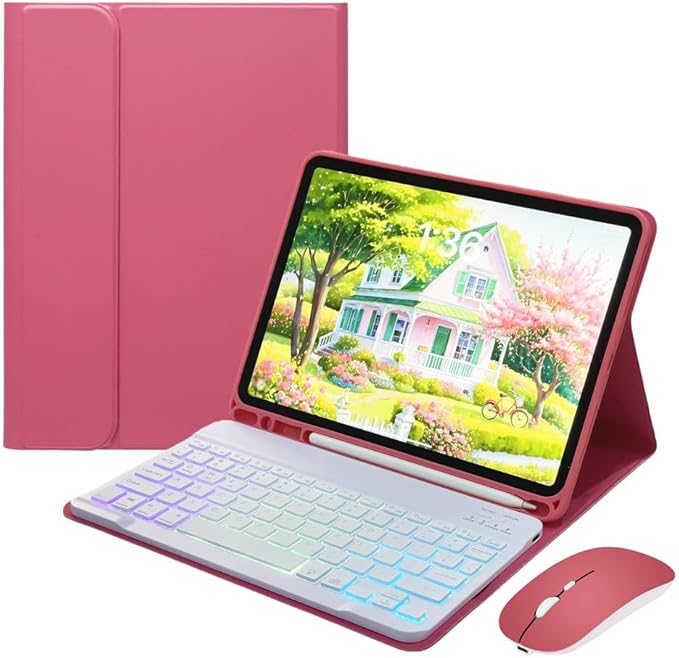 for iPad mini 5th Generation/iPad mini 4 Keyboard Case with Mouse and Rainbow Backlit Detachable Bluetooth Keyboard Cover,DarkPink