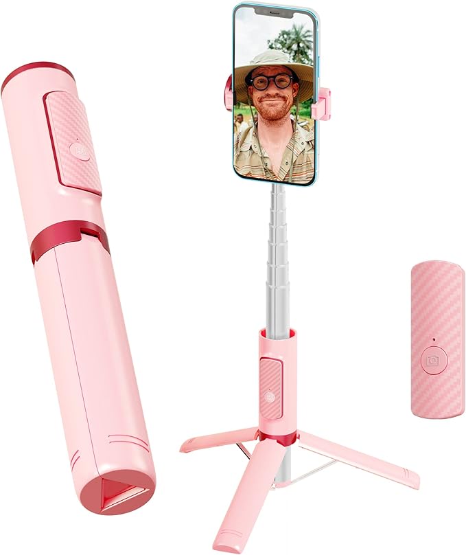 Selfie Stick, Foldable Cellphone Tripod with Remote, Travel Tripod for iPhone Series Android, Video Recording - Pink
