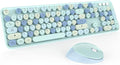 Wireless Keyboard and Mice Combo,Retro Round Keys Full-Sized Cute Keyboard, 2.4Ghz Dropout-Free Connection and Optical Mouse for Windows, Mac, PC, Laptop, Desktop (Blue-Colorful)