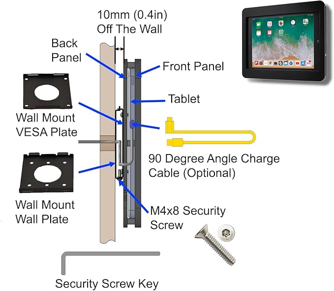 TABcare Anti-Theft Acrylic VESA Enclosure Made for Apple iPad 10 10.9" 2022, iPad 11 11" 2025 with Low Profile Wall Mount Kit & 90-Degree Angle USB C Charge Cable (Black)
