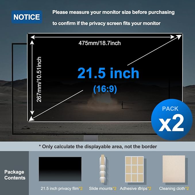 [2-Pack] 21.5 Inch Privacy Screen for Monitor Computer Screen Privacy Filter for 16:9 Widescreen Monitor Desktop PC Monitor Privacy Film Monitor Privacy Shield and Anti-Glare Protector