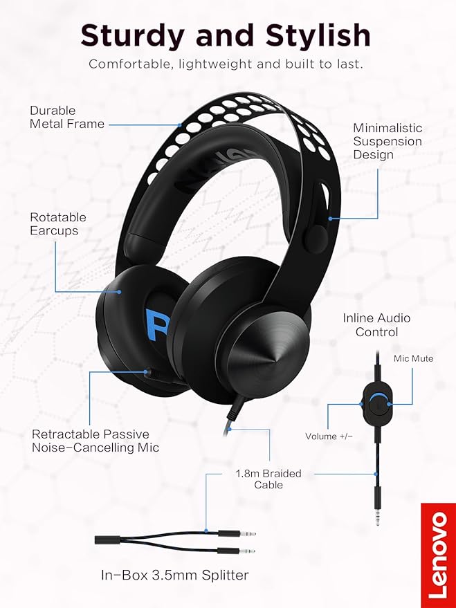 Lenovo Legion H300 Stereo Gaming Headset, Noise-Cancelling Mic, Memory Foam & PU Leather Earcups, Stainless Steel Headband, PC, PS4, Xbox One, Nintendo Switch, Mac, GXD0T69863, Black