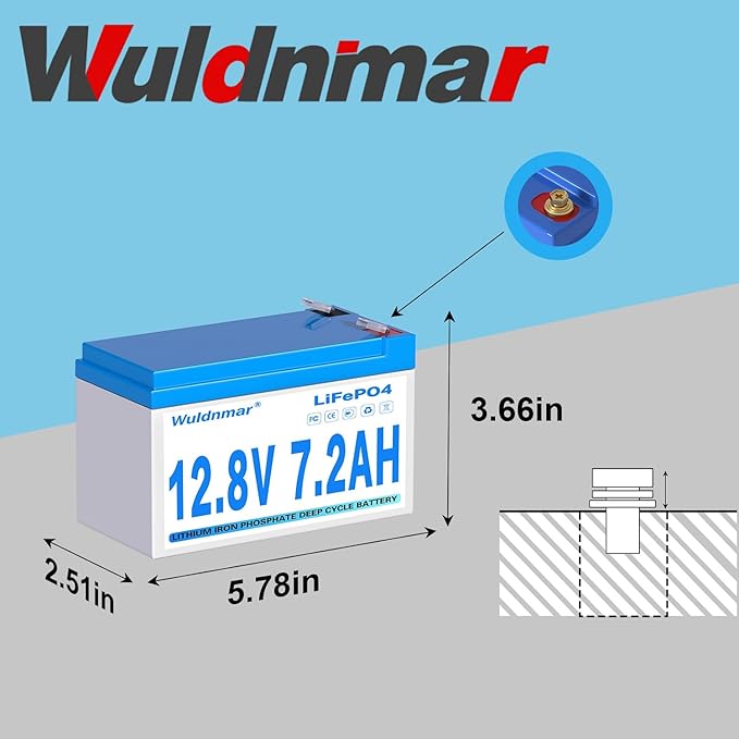 12V 7.2Ah LiFePO4 Battery, Lithium Battery with BMS, 3000+ Cycles, 92.16WH Deep Cycle Battery for Marine Battery, Car, RV, Golf Cart, Solar, Trolling Motor, Replace AGM/SLA