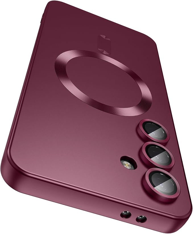 Magnetic for Samsung Galaxy S25 Plus Case [Compatible with MagSafe][Built-in Camera Lens Protector] Slim Soft Silicone Bumper Shockproof Metallic Luster Phone Shell (Burgundy)