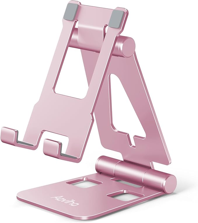 Cell Phone Stand for Desk, Adjustable Desktop Phone Holder Stand, Foldable Moblie Phone Dock for iPhone 15 14 13 12 11 Pro Xs Max Xr X 8 7 6 5 5s SE Nintendo Switch All Phones, Rose Gold