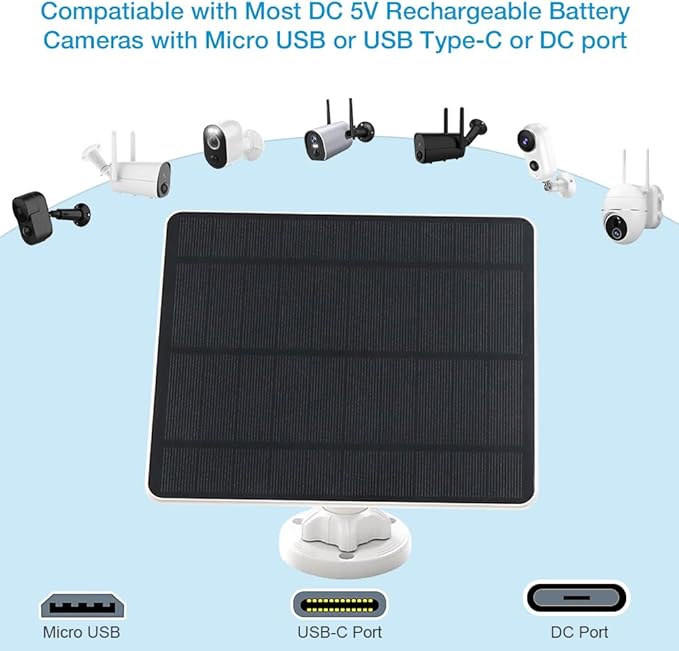 Solar Panel for Security Camera,5W USB Solar Panel for Cameras DC 5V,Camera Solar Panel Charger Micro USB & USB-C & DC,IP65 Waterproof Solar Panels with 9.8ft Cable,Adjustable Security Mount(2 Pack)