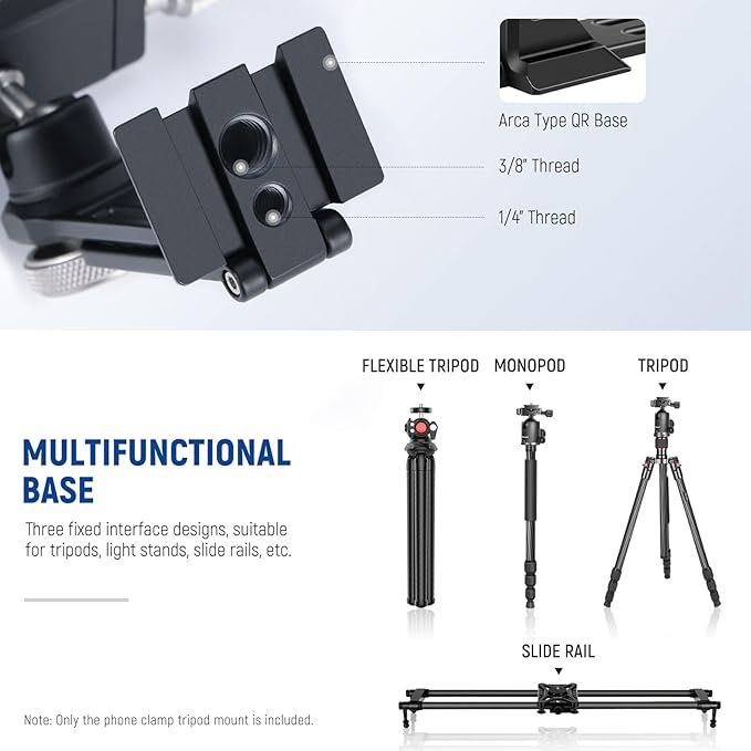 NEEWER Smartphone Tripod Mount Aluminum Alloy, 360° Rotatable Phone Stand Holder Clamp with Cold Shoe and Arca Base Compatible with iPhone 15 Pro Max Galaxy S24 Ultra Pixel & 2.6"-4" Wide Smartphones
