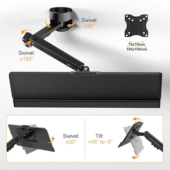Wall Mount Keyboard Tray- Keyboard and Mouse Stand & Monitor Mount Arm,Height Adjustable Typing Platform Holds up to 26.4 lbs,Black