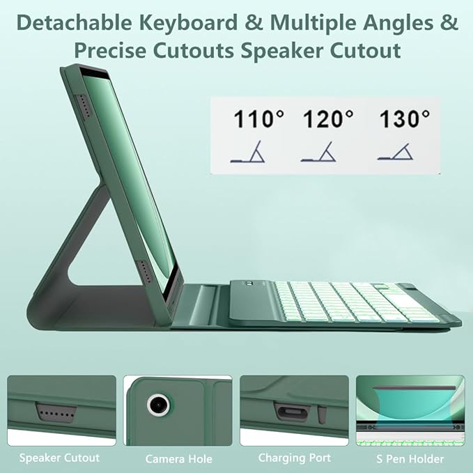 Galaxy Tab A9 Plus Case with Keyboard 5G 11 Inch 2023 (SM-X210/X216/X218), 7 Color Backlit Detachable Tablet Keyboard Cover with S Pen Holder for Samsung Galaxy Tab A9+ 11" (Dark Green)