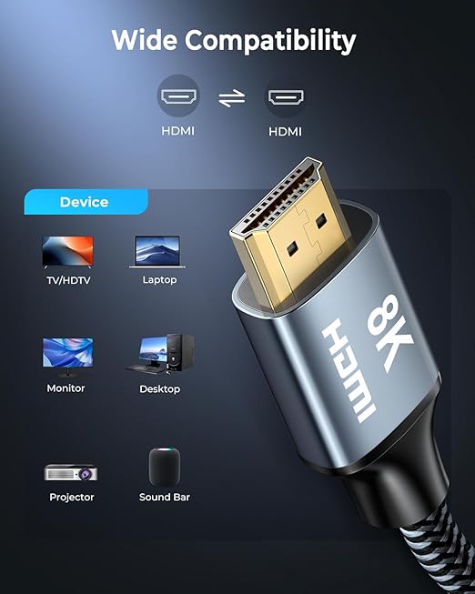 8K HDMI Cable 15ft, 48Gbps High Speed HDMI 2.1 Cable, HDMI Cord 8K 60Hz 4K 120Hz Support for HDR eARC HDCP 2.2/2.3, HDMI Cable 2.1 Compatible with HDTV, Laptop, Monitor, PC
