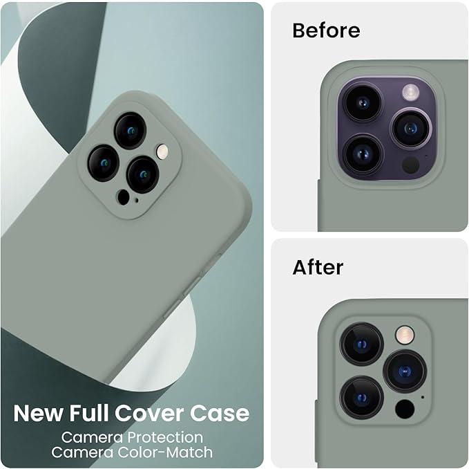 FireNova for iPhone 14 Pro Case, Silicone Upgraded [Camera Protection] Phone Case with [2 Screen Protectors], Soft Anti-Scratch Microfiber Lining Inside, 6.1 inch, Calke Green