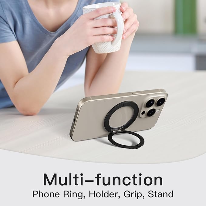 COOLQO 1Pc 360 Spin Cell Grip Ring Phone Stand [Upgrade Gear Hinge Stress Relief] Magnetic Holders for Your car Accessories Desk Mount Compatible with iPhone All Smartphone, Glitter Black