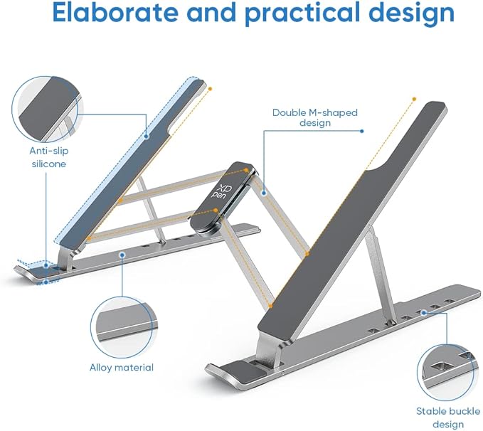 XPPen Drawing Tablet Stand for Desk,Silver Portable Holder for Graphics Tablet&Pen Display, Aluminum Computer Riser Compatible with 10 to 15.6 Inch Laptops and Drawing Tablets,Portable and Adjustable