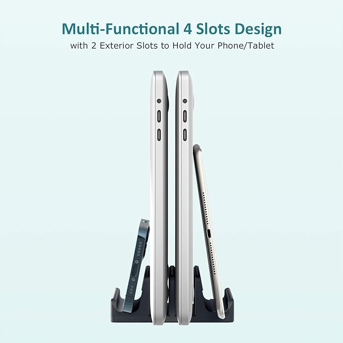 Vertical Laptop Stand - SPACEMax Adjustable GRIPLock Anti-Tip Silicone 4 Slots Aluminum Desktop Holder - Double Dock Stand - 2 Phone Slots Fits Up to 17.3” Laptops, Tablets, Phones - Gray