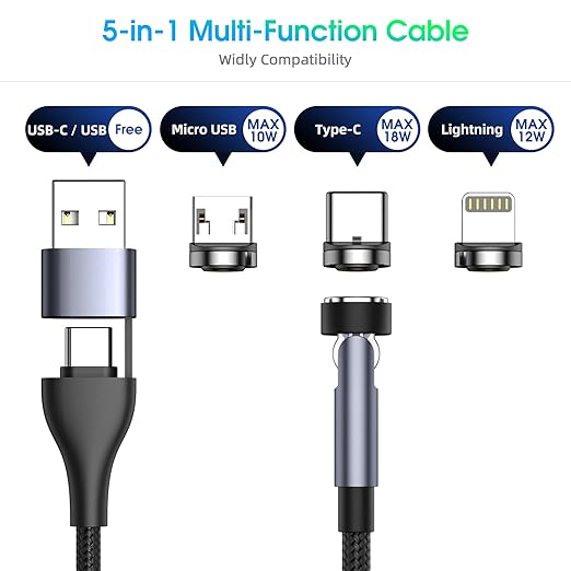 Ankndo 5-in-1 Magnetic Charging Cable, 540° Rotation Magnetic Phone Charger [4-Pack, 3ft/3ft/6ft/10ft] USB A/Type C Fast Charging Cable for iPhone/Micro USB/USB C Devices