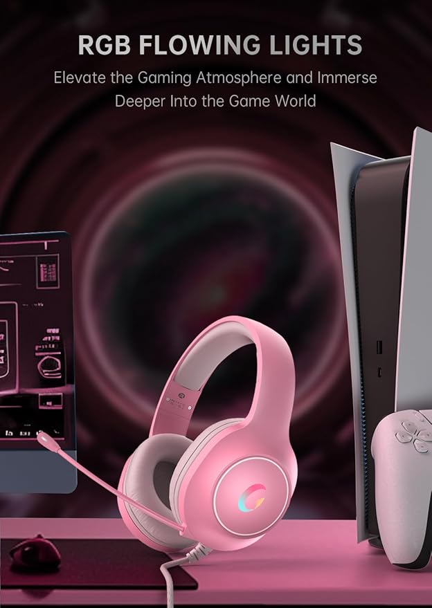 CM7002 Gaming Headset for PS5, PS4, PC, Mac, Switch, Xbox Series, Surround Sound RGB Gaming Headphones with Noise Canceling Microphone, 50MM Dynamic Drivers, 3.5MM Audio Jack, Light Pink