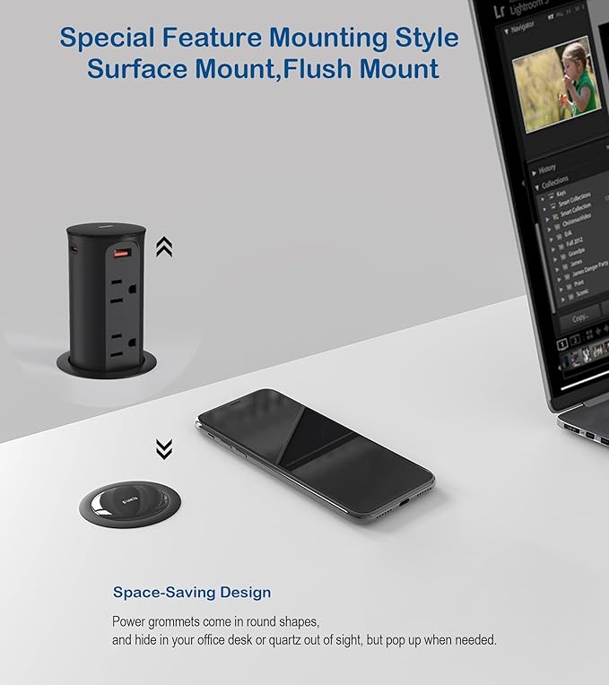 Pop up Outlet for Countertop,2.5 Inch Hole Desktop Power Grommet,Recessed Power Strip,20W USB C Fast Charging,4 Outlets 4 USB Ports,15Amp Tamper Resistant Receptacle for Home,Kitchen,Office Black