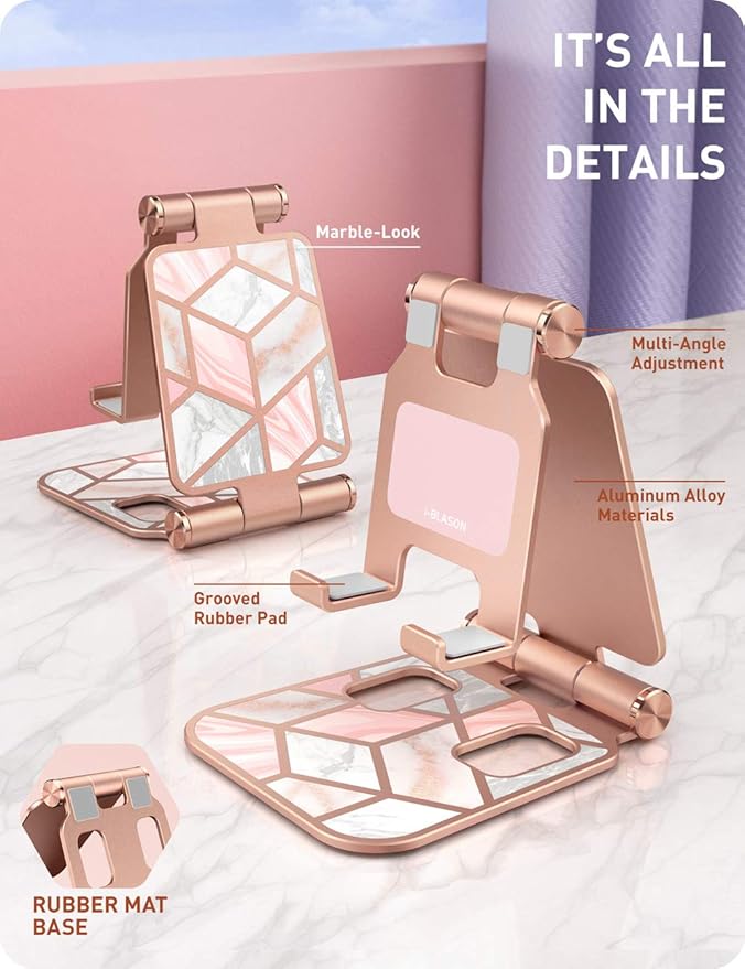i-Blason Cell Phone Stand for Desk, Cell Phone Holder, Fits All Smart Phones, iPhone 16 15 14 13 Pro Max, Foldable Phone Stand Holder, Marble