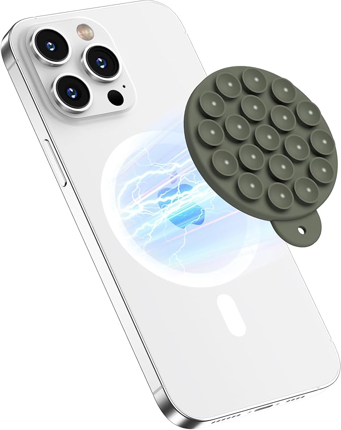 Magnetic Suction Cup Phone Mount for MagSafe Case, Silicone Hands-Free Phone Grip Holder for iPhone and Android, Mirror Shower Phone Stand for Makeup FaceTime Gym Kitchen Bathroom, Olive Green
