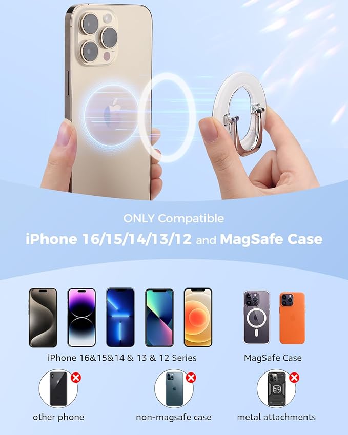 [2025 Newest] SUPERONE for Magsafe Ring Holder, Magnetic Phone Grip with Adjustable Stand, Removable Magnetic Accessories Only for iPhone 16/15/14/13/12 Series and Magsafe Case - Glitter Silver
