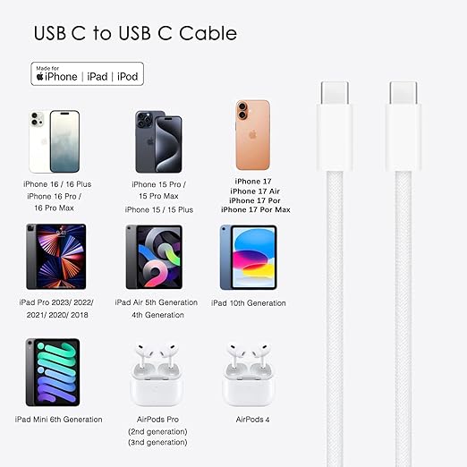 5FT USB C to USB C Woven Cable for iPhone 15/16/17, 16 Pro Max, 16 Plus, 16E, 17Air Car Carplay Charger Cord, AirPods 4, AirPods Pro (2nd/3rd Gen) Fast Charging Cable, iPad Pro/ iPad Air Charger Cable