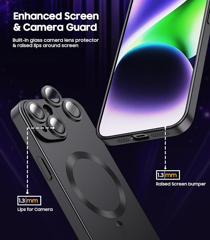 Magnetic for iPhone 15 Case [Compatible with MagSafe][Built-in Camera Lens Protector] Slim Soft Silicone Bumper Shockproof Metallic Shine Phone Case (Black)