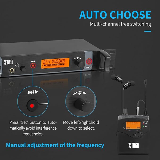 XTUGA RW2080 Wireless in Ear Monitor System 8 Bodypacks UHF IEM System, 2 * 40 Frequencies Mono Design Stage Monitors Earphone, 300Ft for Band, Studio or Musicians, 902-928mhz