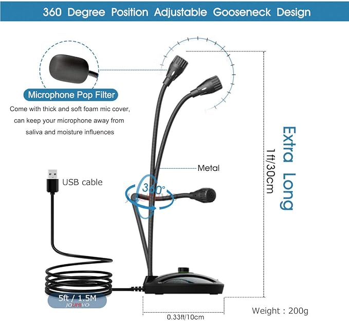 JOUNIVO USB Recording Microphone, Computer PC Podcast Condenser Cardioid Mic with Mute Button & LED Indicator for Laptop, Mac, PS4 - Vocal, Podcasting, Skype, YouTube, Streaming (JV603PRO)