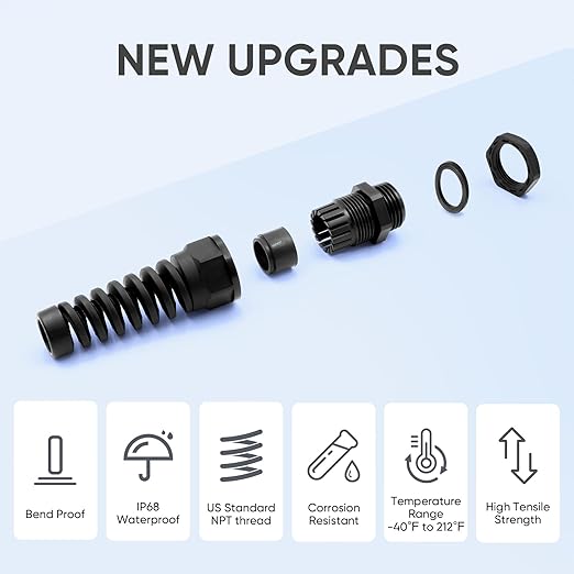 Strain Relief Cord Connector,LISTENJIALE 2Pcs NPT 3/8" Waterproof Cable Gland Flex Spiral Strain Relief Adjustable 5-10mm Cable Connector Nylon Joint with Gaskets(Black)