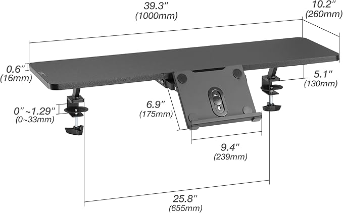 AVLT Clamp Desk Shelf Dual 32" Monitor Riser With Slide-out Holder for Convertible Laptop, Tablet, Smartphone (Black) - Floating Stand (Clamp-On Shelf Only)