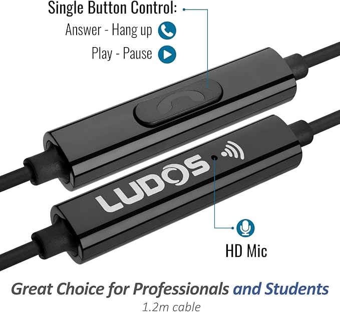 LUDOS OMNITONE Wired Earbuds in-Ear Headphones, 5 Year Warranty, Earphones with Microphone, 3.5 mm Jack Corded Ear Buds, Videoconference for iPhone, Samsung, Computer, Laptop, Kids, School Students