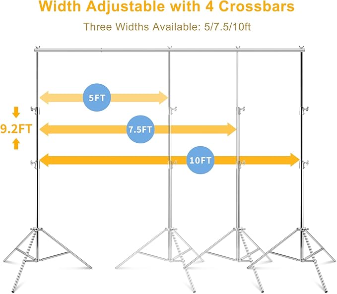 9.2 x 10 Ft Stainless Steel Backdrop Stand Heavy Duty, MSKIRA Adjustable Backdrop Stand Background Support System Kit for Photography, Parties, or Weddings with Clamps, Carry Bag