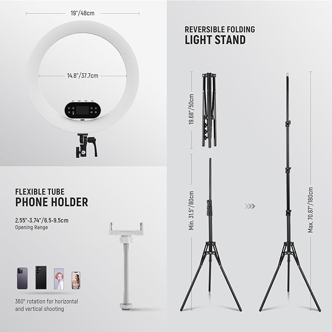 NEEWER 19" 100W High Power LED Ring Light with Tripod Stand & 3 Phone Holders Compatible with iPhone, 2900-7000K CRI97+ App&2.4G Control Lighting for Selfie Video Recording Makeup Streaming, RH100B