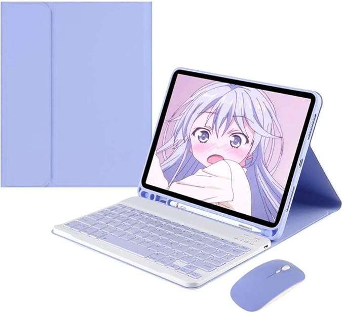 AnMengXinLing Lovely Keyboard Case for iPad 9th/8th/7th Generation with Mouse,Case for iPad 10.2 inch with Pencil Holder and Deatachable Keyboard Mouse, Purple
