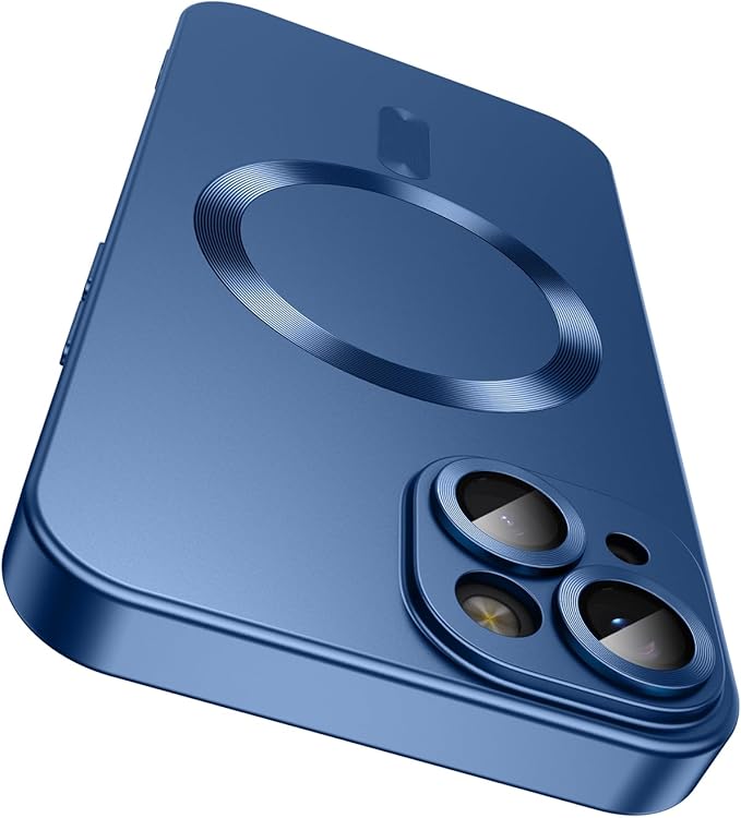 Magnetic for iPhone 14 Case [Compatible with MagSafe][Built-in Camera Lens Protector] Slim Soft Silicone Bumper Shockproof Metallic Luster Phone Case (Blue)