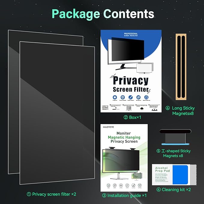 [2 Pack] Magnetic 27 Inch Computer Privacy Screen for 16:10 Aspect Ratio Widescreen Monitor, Hanging Eye Protection Anti Glare Blue Light Computer Monitor Privacy Filter, Removable 27in Protector Film