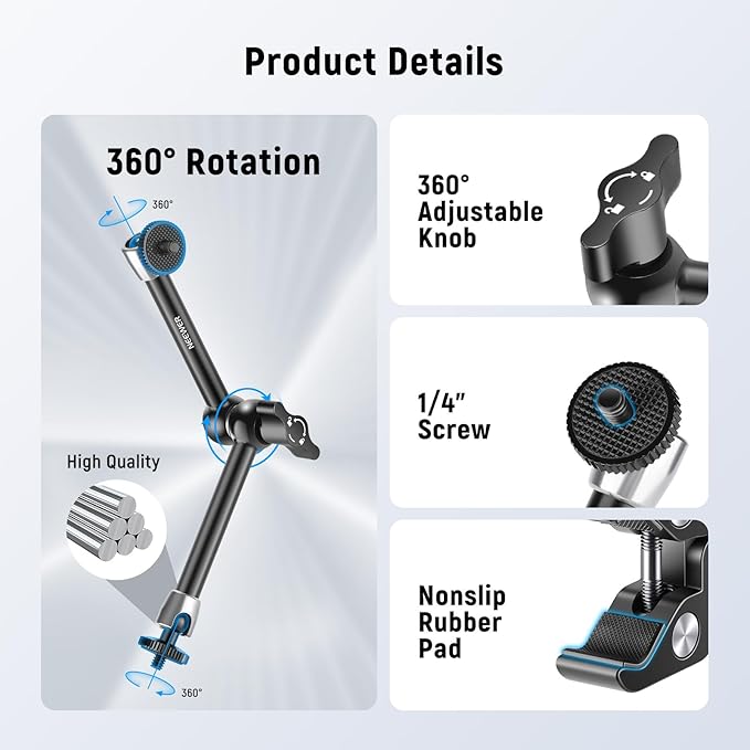 NEEWER 9.8"/25cm Adjustable Magic Arm with Super Clamp, 1/4" & 3/8" Threads, 1/4" Screws for Flash/LED Light/Microphone/Monitor, Compatible with SmallRig Camera Cage, Max Load: 4.4lb/2kg, ST25C