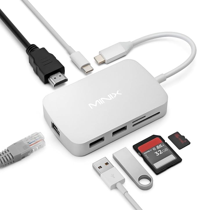 MINIX USB C Adapter, 7 in 1 USB C Hub Muliport Adapter 4K HDMI,Gigabit Ethernet, 2 USB 3.0, 100W PD Charging, SD/TF Card Reader, Compatible with MacBook Pro/Air, iPad Air/Pro, iMac, Laptop, PC