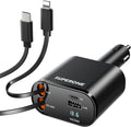 Retractable Car Charger 4 in 1 Fast Car Phone Charger Adapter with Type C & Apple Cords Compatible with iPhone 16/15/14/13/12/11, Galaxy, Pixel