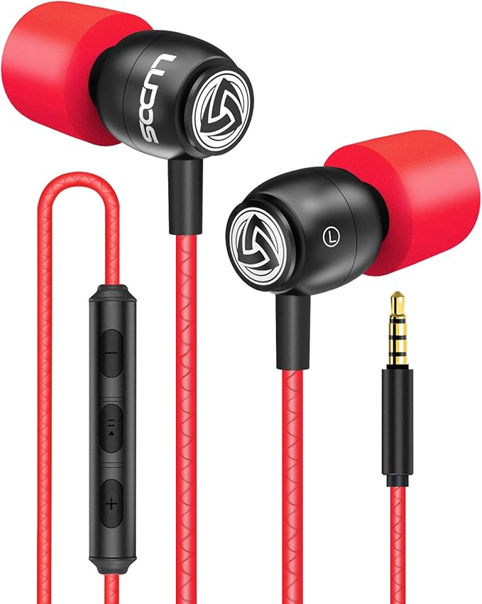 LUDOS Clamor Wired Earbuds in-Ear Headphones, 5 Years Warranty, Earphones with Microphone, Noise Isolating Ear Buds, Memory Foam for iPhone, Samsung, School Students, Kids, Women, Small Ears - Red