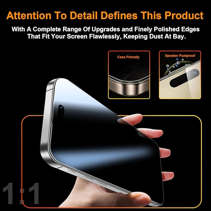 OneFish 2 Pack Privacy Screen Protector for iPhone 16e/13/13 Pro/14-4-Way 360° Anti-Spy Tempered Glass, 9H Hardness, 3D Curved Edges, Case-Friendly & Easy Installation