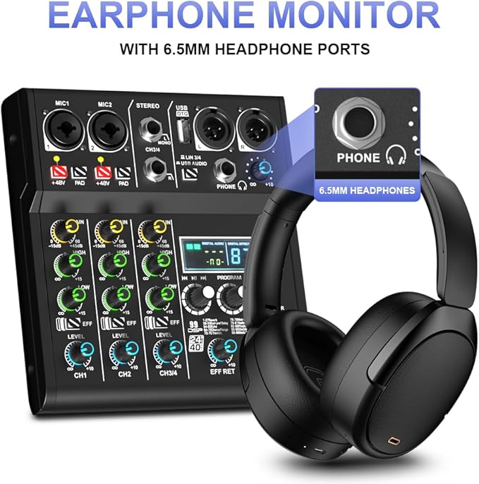 mw-4 black 4Channel Audio Mixer with 99 Sound Effects for PC,Portable Sound Mixing Console with BT USB Recording Input for Live Streaming,Podcasting